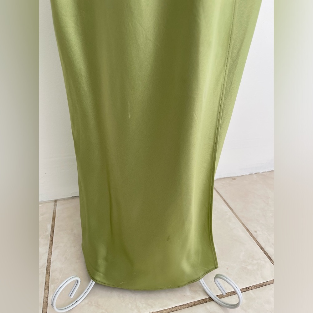 RTR Nicholas Duna one-shoulder satin maxi dress gown slit olive green size 2 - Picture 3 of 15